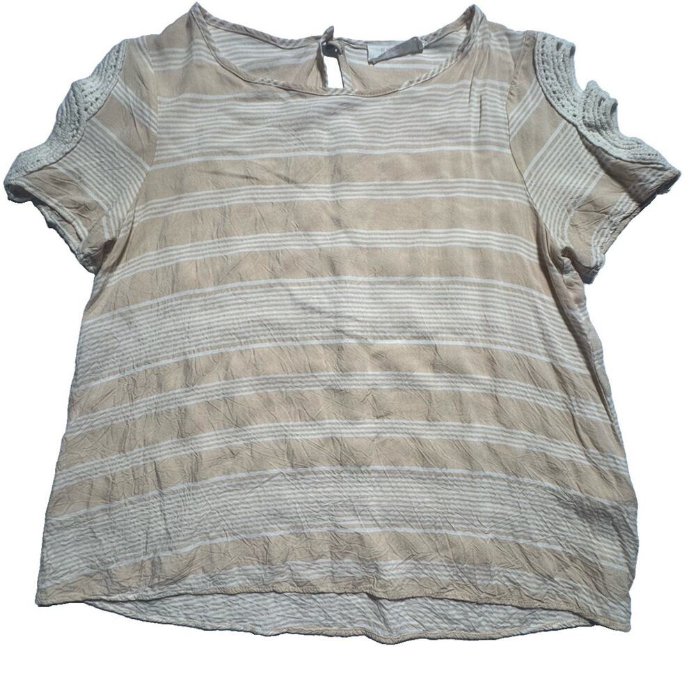 Peach Love California Beige Striped Crochet Cutout Top Womens Small